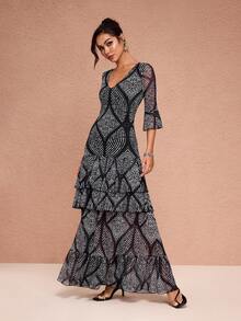 JIAN LASALA All-Over Print Mesh V Neck Ruffled Sleeves Layered Maxi Dress Women Party Vacation Holiday Wear Maxi Dresses With Sleeve Tiered Maxi Dress Boho Maxi Dress Women Long Boho Dress Beach Wedding Guest - Black and White - View 5