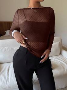 Dripcurv 大码女式船领长袖波点透视修身衬衫 - 棕色 - 查看 6