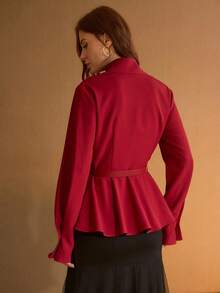 MOTF PREMIUM Áo blouse dài tay cổ tròn viền bất đối xứng dành cho nữ có thắt lưng - Đỏ - Xem 4