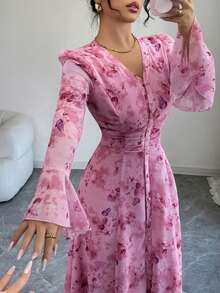 Modelyn Women's V-Neck Ruched Flare Sleeve Dress - Multicolor - View 8