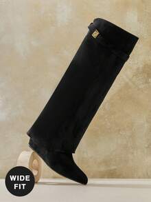 SHUZIA 女士宽筒过膝仿麂皮翻边尖头坡跟靴