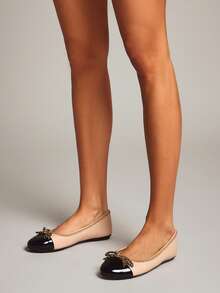 SHUZIA #LuxuryChic Women's Gold Chain Trim Contrast Nude & Black Ballet Flats – Elegant Bow Accent, French-Inspired & Timelessly Chic. - Apricot - View 3