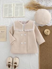 SHEIN 2pcs/Set Fall Dresses For Girl Elegant Casual,Long Sleeve Lace Decoartion Preppy Dress&Hat