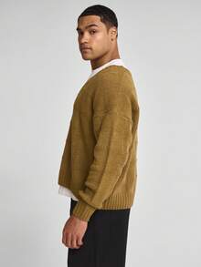 Musero 宽松版型长袖深V领罗纹袖口和领口针织套头衫，秋冬必备单品 - 軍綠色 - 查看 3