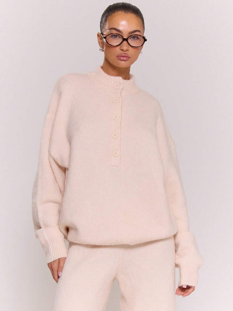 MUSERA Oversized Button Front High Neck Knit Jumper Only Autumn Winter Fall Going Out Everyday Night Out Casual Cool Streetwear Washed  Chic