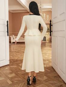 DAZY Women's Elegant Contrast Color Patchwork Faux Pocket Ruffle Hem Midi Dress, Autumn/Winter - Apricot - View 2