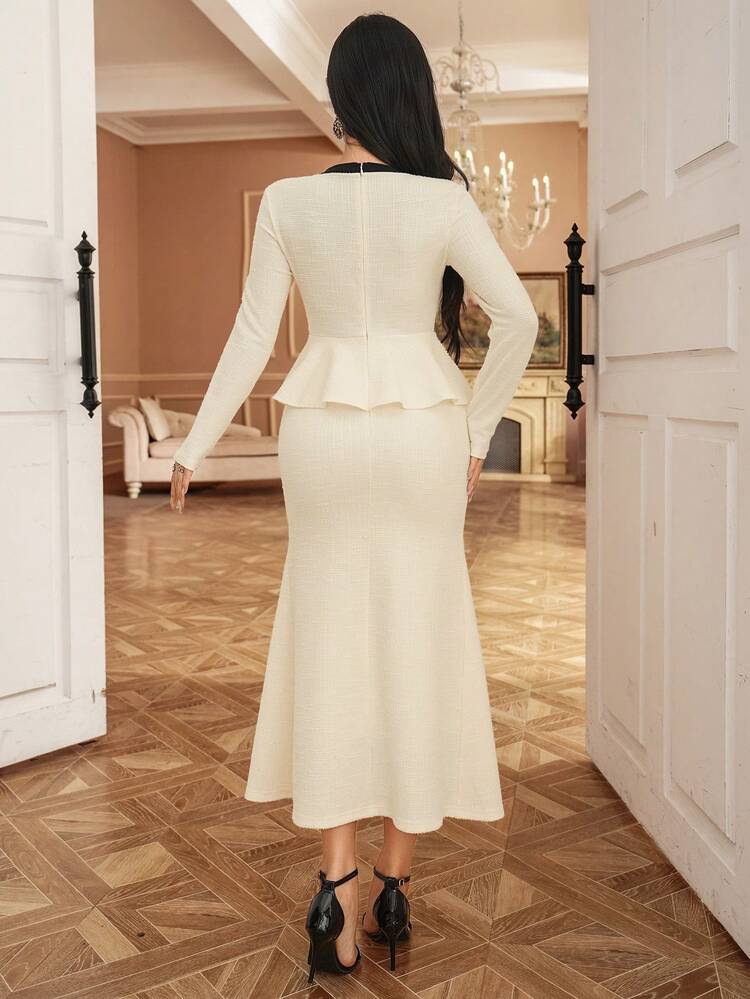 Women's Elegant Contrast Color Patchwork Faux Pocket Ruffle Hem Midi Dress, Autumn/Winter