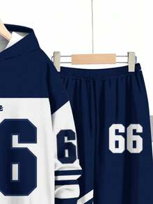 两件套青少年男童休闲时尚经典棒球运动风撞色拼接长袖连帽衫和运动裤套装，印有66号和“King”字样图案，适合秋冬季、返校季、Y2K风格、街头服饰。 - 彩色 - 查看 5