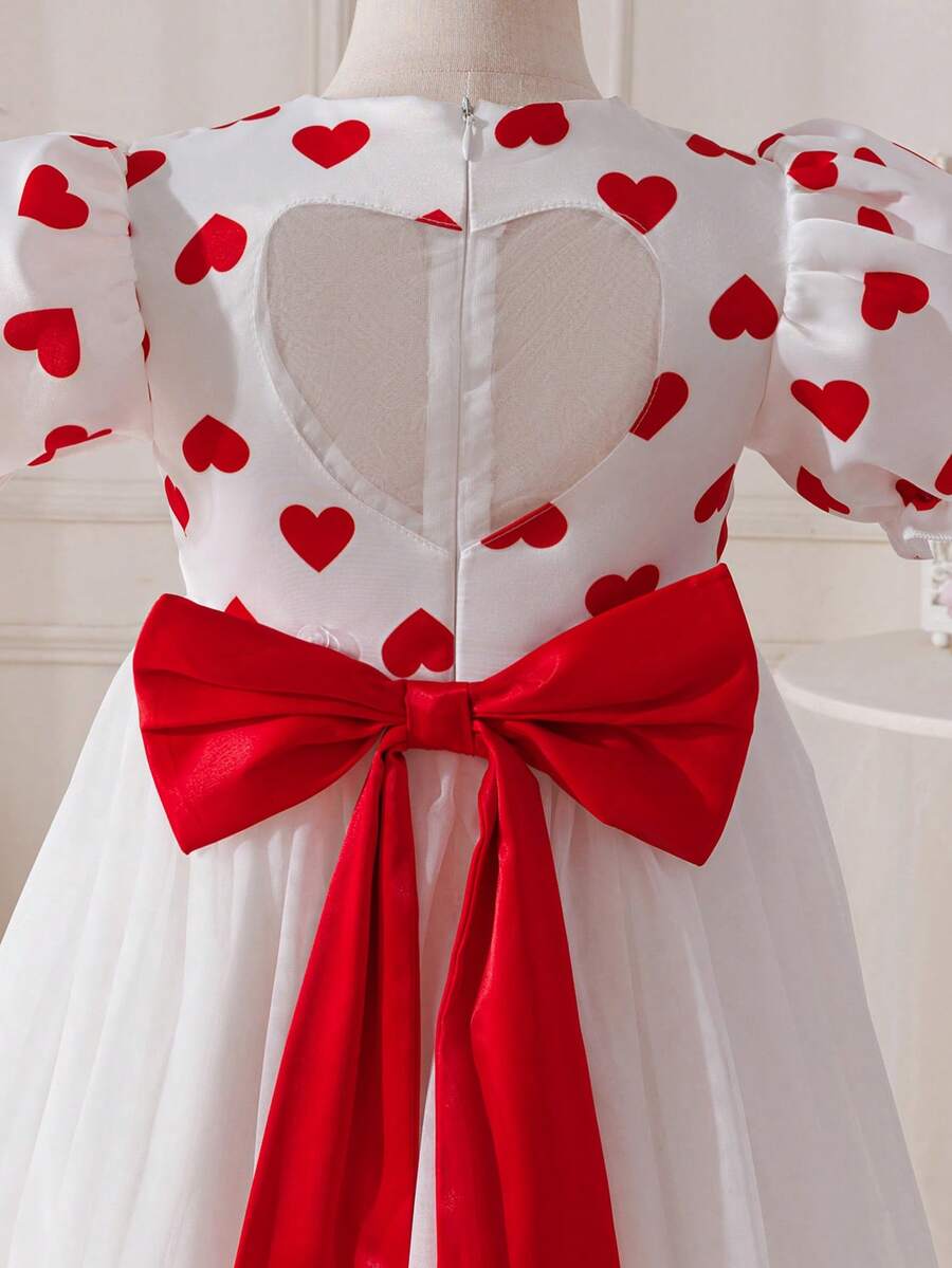 Glamorique Kids Valentine's Day Heart Print Mesh Patchwork Bow Decor Puff Sleeve Party Dress For Young Girls - White - View 1