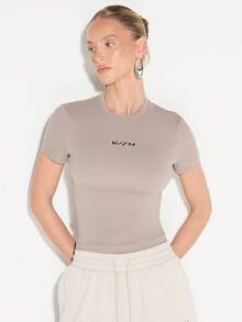 KIZN Fitted Short Sleeve Crew Neck Tee With Brand Logo Classic Casual Basic Top - Grey - View 5