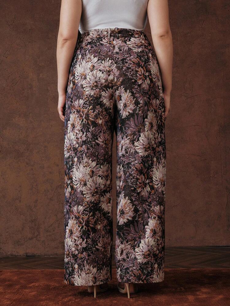 Valentine Plus Size Women Retro Elegant Jacquard Patterned Slim Fit Vacation Suit Pants