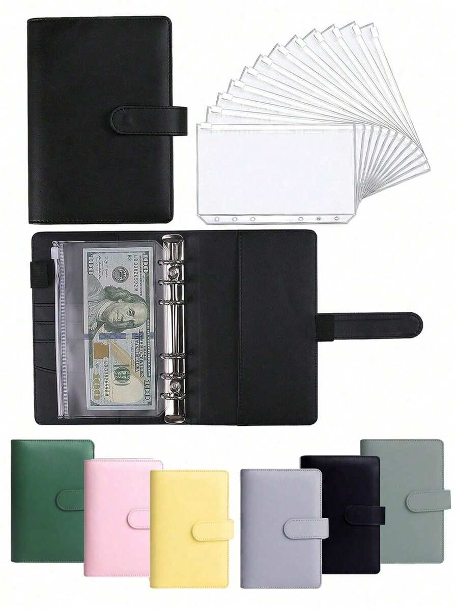 1pc A6 Budget Binder With Cash Envelopes, Cash Saving Book Budgeting Planne PU Leather Notebook Binder With 12 PCS A6 Binder Pockets, Cash Stuffing Folder Envelope System - Multicolor - View 1