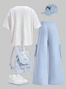 SHEIN ChillGRL 两件套少女宽松休闲可爱蝴蝶结珍珠印花圆领上衣搭配宽松休闲阔腿工装裤，适合日常、通勤、休闲、度假、聚会、街拍、春秋季穿着。