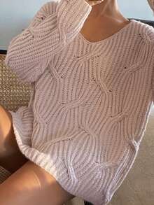 DAZY 女士V领麻花针织宽松长袖休闲套头毛衣，秋冬款 - 粉色 - 查看 6