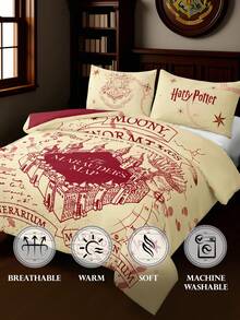 HARRY POTTER X SHEIN 3 Pc The Marauder's Map Print Three Pieces Duvet Cover Set, Made Of Brushed Fabric, Soft And Warm, Red Duvet Cover, Available In Multiple Sizes, Suitable For Single Beds/Double Beds/King Beds/Extra King Beds, Back To School - Off-white - View 7