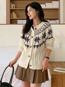 DAZY 女士宽松雪花圣诞开衫毛衣 - 米色 - 查看 3