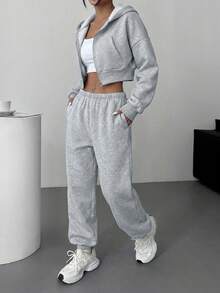 SHEIN EZwear 灰色花卉针织女式休闲运动套装 - 灰色 - 查看 5