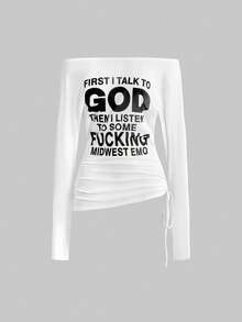 ROMWE Avant 一件女士露肩长袖T恤，印有英文标语 - 白色 - 查看 2