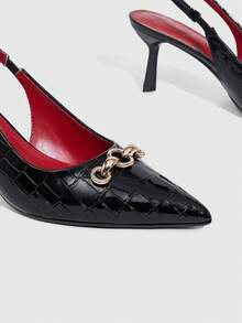 CUCCOO BIZCHIC Women's Pointed Toe Stiletto Heel Backless Pumps With Sexy Metal Buckle, Red Lining Spring Shoes - Black - View 2