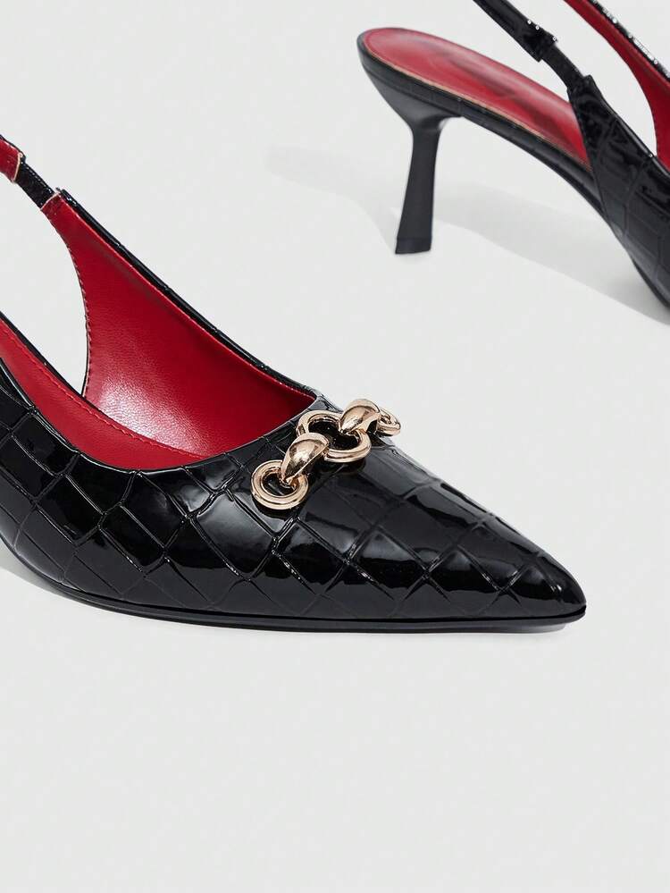 CUCCOO BIZCHIC Women's Pointed Toe Stiletto Heel Backless Pumps With Sexy Metal Buckle, Red Lining Spring Shoes