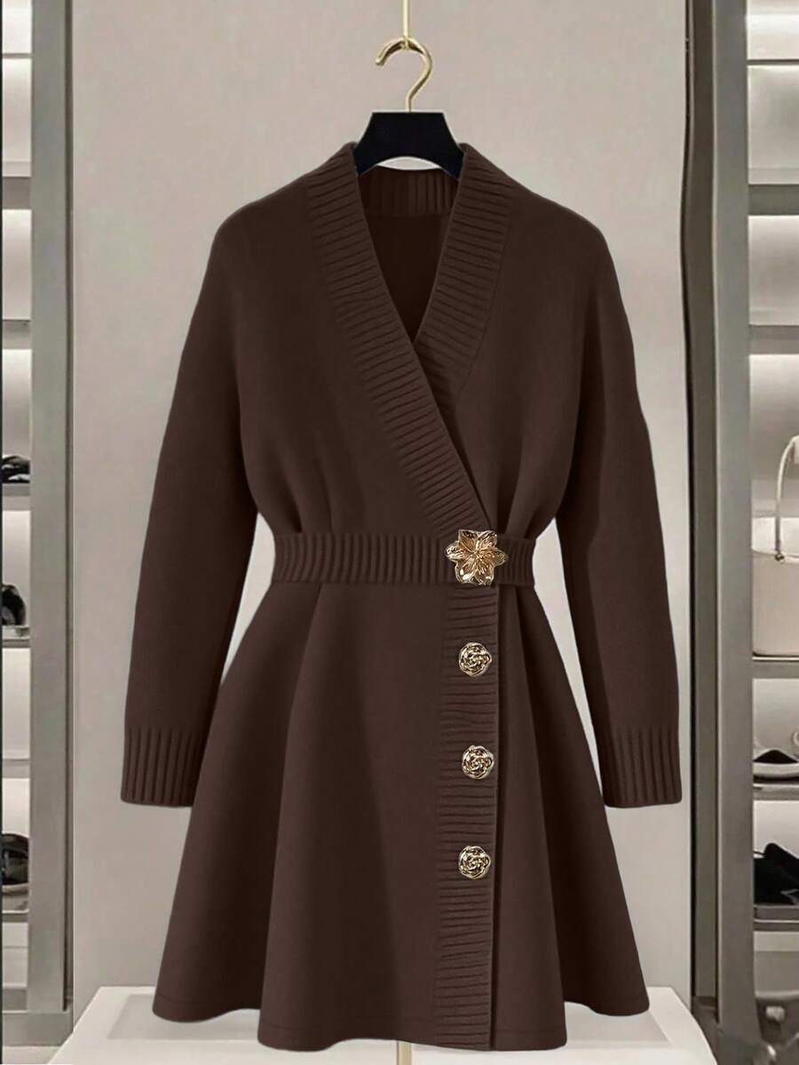 SHEIN Franclia New Autumn V-Neck Waist Cinched Knitted A-Line Dress, Elegant And Intellectual - Chocolate Brown - View 1
