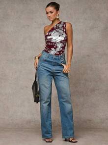 SHEIN BAE Women's Fashionable Casual Vacation Style All-Over Print Bodysuit,Bodysuits For Women - Burgundy - View 6