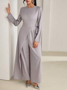 Veilorie Bộ đồ liền thân buộc dây màu trơn thanh lịch dành cho nữ khi đi làm - Màu Khaki - Xem 2