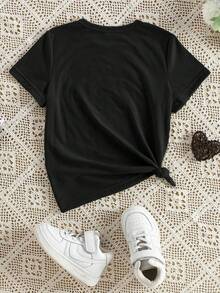 SHEIN Young Girl Pink Summer First Birthday Numeric 67 Ruffle Bow Graphic Print T-Shirt,Cute Chic Casual Letter Slogan Short Sleeve Tee For Daily Wear - Black - View 2
