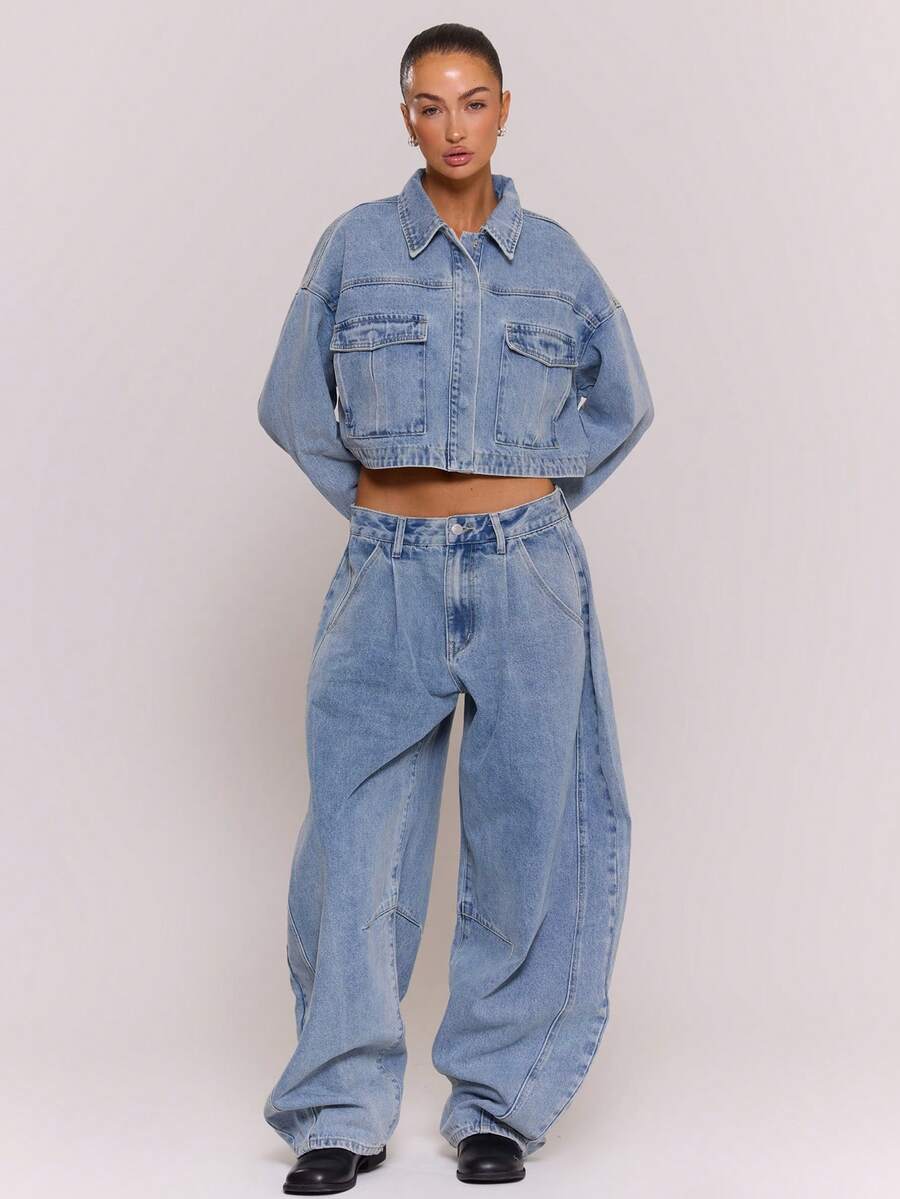 MUSERA 褶裥前片阔腿深色水洗牛仔裤，仅限秋季/冬季夜间外出街头风，可爱 - 淺藍色 - 查看 1