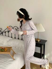 SHEIN 2件套少女柔软舒适弹力腰V领爱心图案休闲家居服套装，薰衣草色 - 粉色 - 查看 6