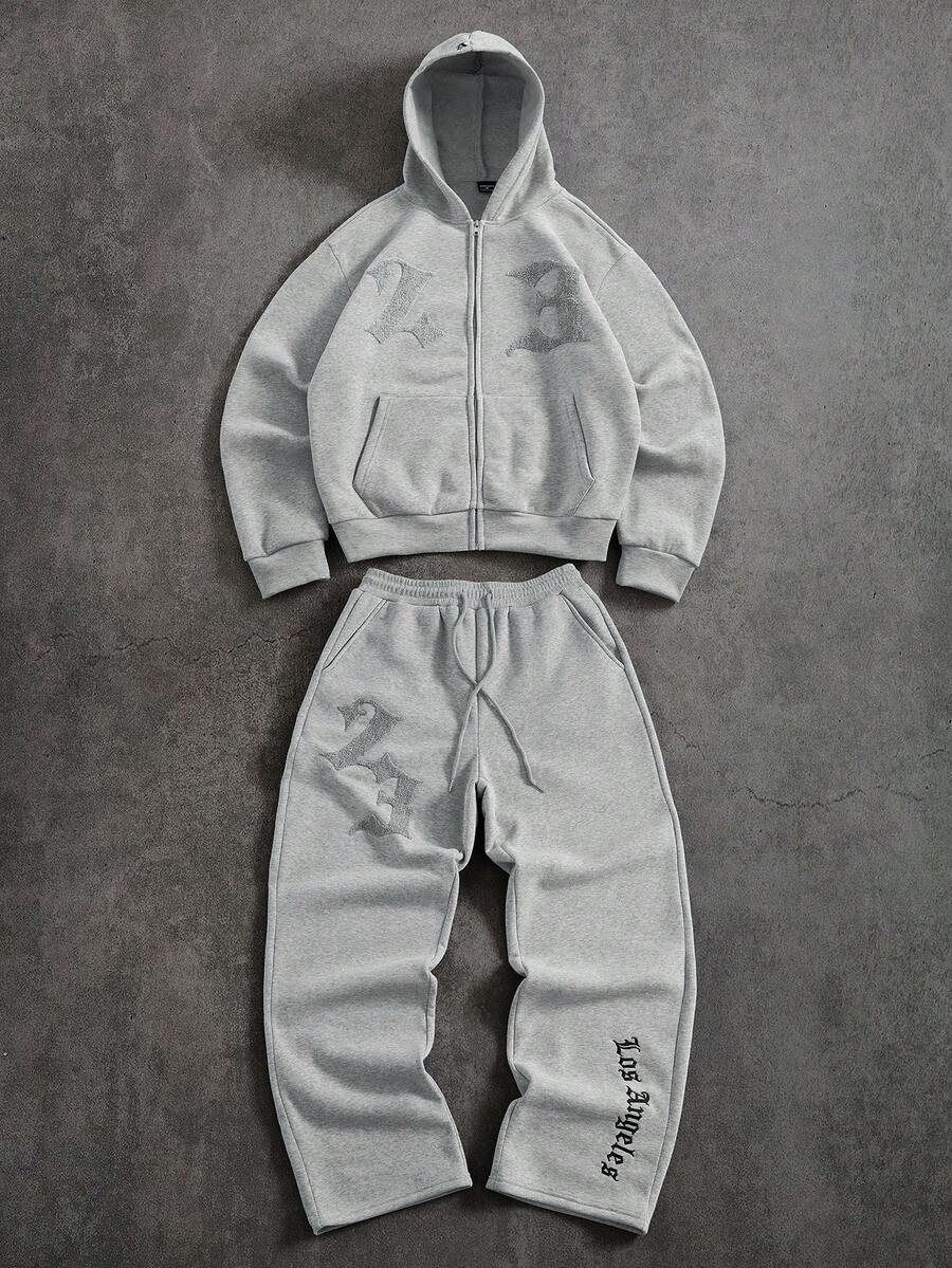 PAVTROS Conjunto de sudadera con capucha con cremallera y estampado de letras y pantalón de chándal con cordón en la cintura para hombre - Gris - Ver 1