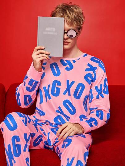 Happy Jammies Men's Comfortable Letter Graphic Crew Neck Long Sleeve Top And Pants Loungewear Set, Ideal Gift For Boyfriend/Husband, Couple Matching, Winter Clothes