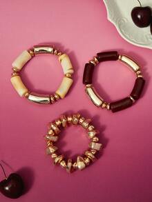 Glisma 3 件复古多层棕色亚克力串珠手链和金块手链，适合女性、情侣、派对或日常佩戴 - A款 - 查看 3