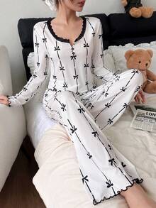 SHEIN Cute Bow Print Lace Trim Pajama Set, Fall & Winter Clothes - Apricot - View 7