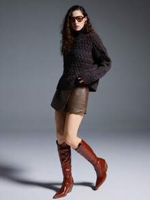 MYSTAURA Sweater Wanita Kasual Warna Polos dengan Kerah Tegak, Musim Gugur/Dingin - Dark Grey - View 7