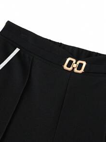SHEIN Elenzya Plus Size Women's Elegant Fashion Versatile Metal Buckle Decor Pants, Pocketless, Suitable For Spring, Summer, Autumn - Black and White - View 6