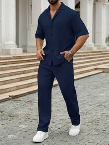 Manfinity Homme Bộ áo sơ mi tay ngắn cổ bẻ bằng vải nhăn + quần rút dây cho nam, trang phục không thể thiếu khi đi chơi và tụ tập, món quà lý tưởng cho những người chồng thành đạt - Xanh đậm - Xem 7