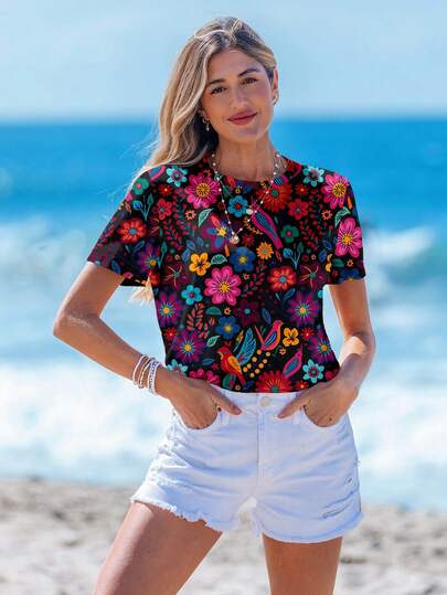 Sylviya Bohemian Casual Floral & Animal Print Round Neck Loose Short Sleeve T-Shirt For Women, Summer Suitable For Going Out,Vacation