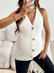 SHEIN Gilet sans manches ajusté à boutons devant et col en V de couleur unie pour femmes enceintes - Nude - Voir 6