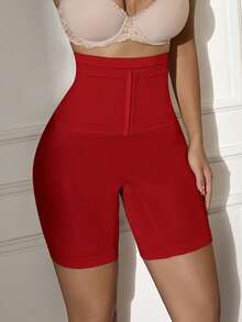 1pc High Waist Seamless Abdomen Control Slimming Shorts With Front Hook Closure - Red - View 7