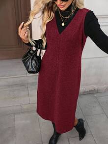 SHEIN LUNE 女士休闲纯色羊毛无袖V领开衩中长连衣裙，秋冬日常穿着基础款，休闲百搭 - 酒紅色 - 查看 3
