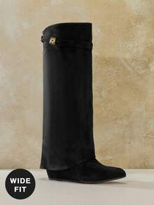 SHUZIA 女士宽筒过膝仿麂皮翻边尖头坡跟靴