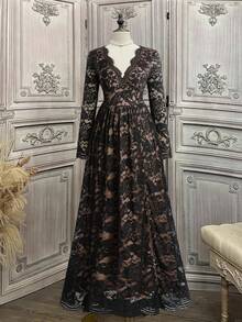 Reflora Curvy Plus-Size Women's V-Neck Lace Long-Sleeved Slit Dress,Beige,Autumn,Elegant,Wedding Guest Luxury Evening Graduation Party Christmas Black Dress - Black - View 4