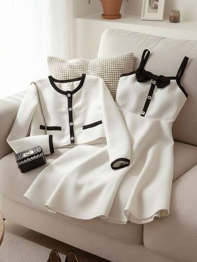 适合秋冬季的少女优雅两件套：长袖圆领外套 + 带蝴蝶结装饰的吊带连衣裙 – 非常适合户外聚会和宴会