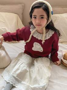 DAZY 女童圆领荷叶边卡通休闲长袖时尚花卉边饰卫衣 - 紅色 - 查看 4