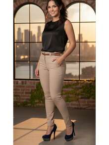 Pantalon De Vestir Elegante Casual Skinny Con Cinturón - marron - Ver 2