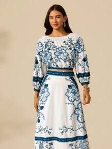 CAJUNI 女士度假休闲热带花卉印花长灯笼袖黑色圆领短款衬衫 - 藍色 - 查看 6