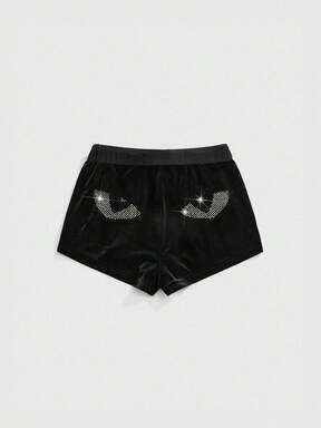 Goth Sexy & Cute Cat Character Halloween Expression Rhinestone Sequin Velvet Black Bowknot Shorts For Women