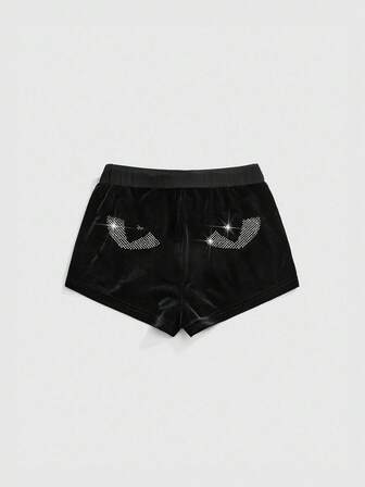 Goth Sexy & Cute Cat Character Halloween Expression Rhinestone Sequin Velvet Black Bowknot Shorts For Women