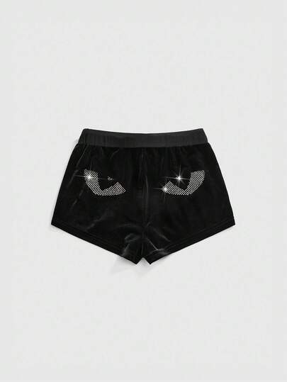 Goth Pantaloncini neri in velluto con fiocco, decorati con strass e paillettes a tema gatto, espressione di Ognissanti, sexy e carini per le donne